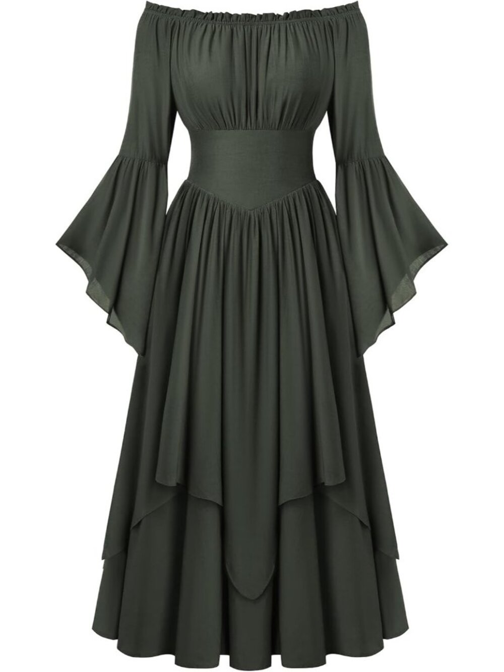 Women's Olive Renaissance Maxi Dress Off Shoulder Bell Long Sleeve Halloween